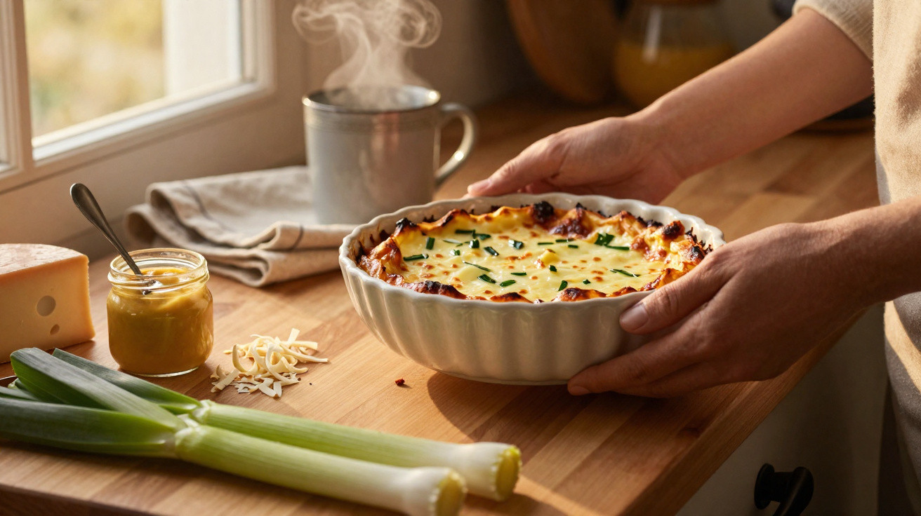Pessoa a segurar um prato de forno com gratinado de queijo e cebolinho numa bancada com alho francês e mostarda.
