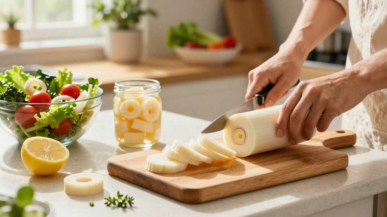 Pessoa a cortar anéis de alho-francês num tábua de madeira numa cozinha iluminada, com legumes e limão à volta.