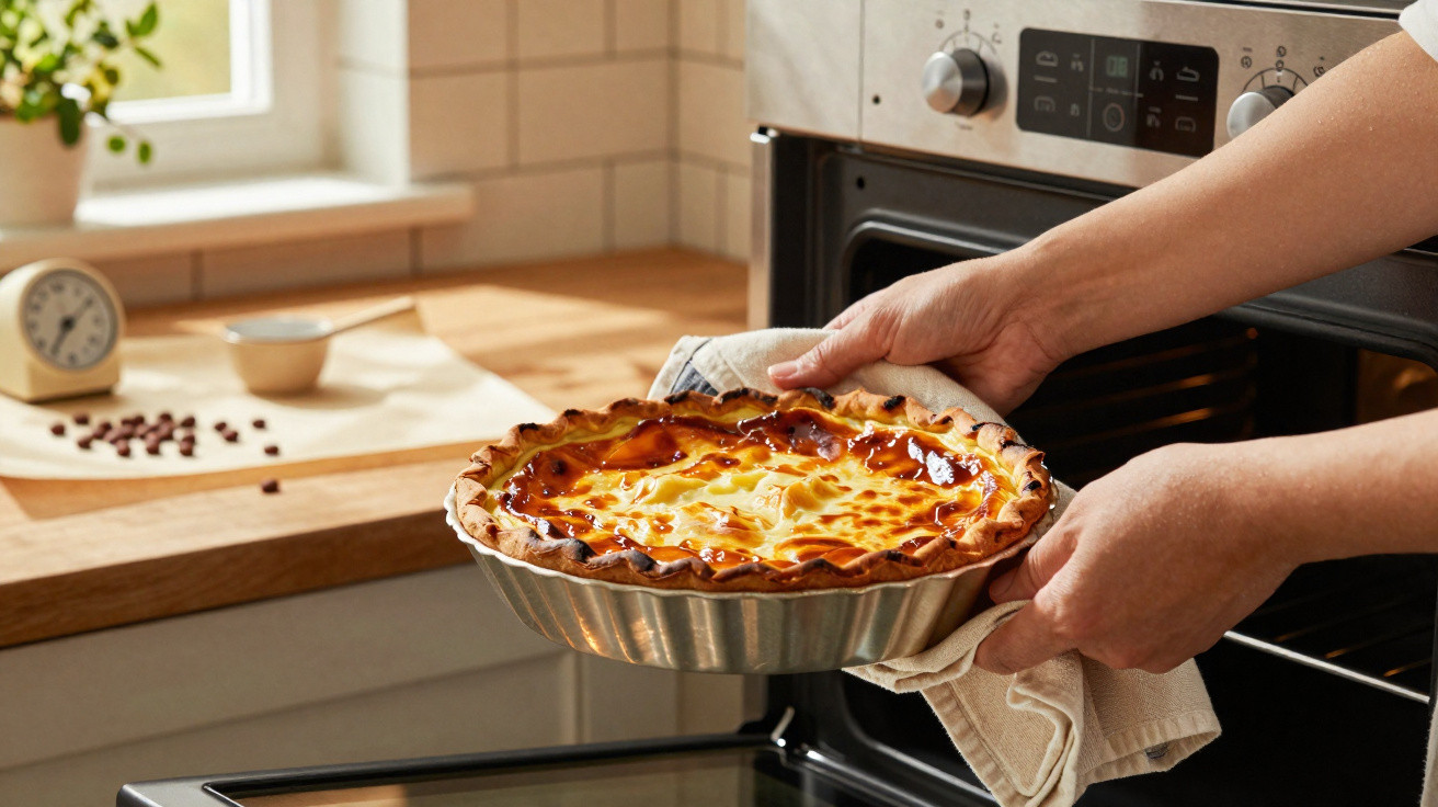 Pessoa a retirar uma tarte dourada recém-assada de forno moderno numa cozinha clara.