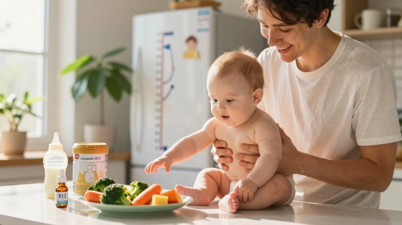 Bebé sentado no colo de mulher sorridente ao lado de legumes e suplementos na cozinha iluminada.