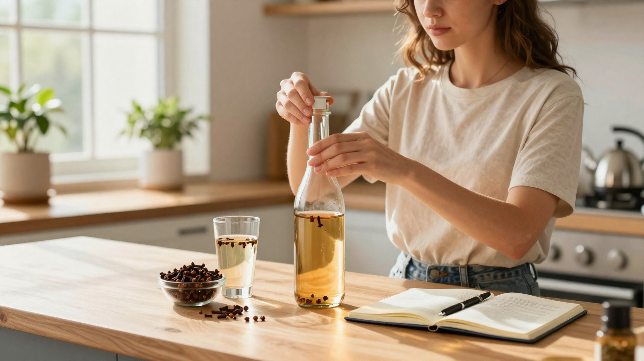 Mulher a preparar bebida com cravinho numa cozinha luminosa e moderna.