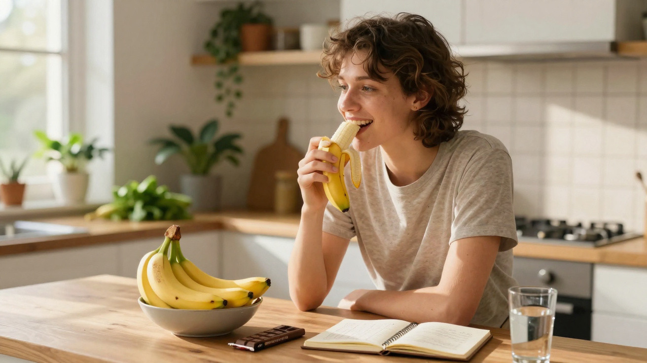 Mulher a comer uma banana numa cozinha, com bananas, chocolate, um livro aberto e um copo de água na mesa.