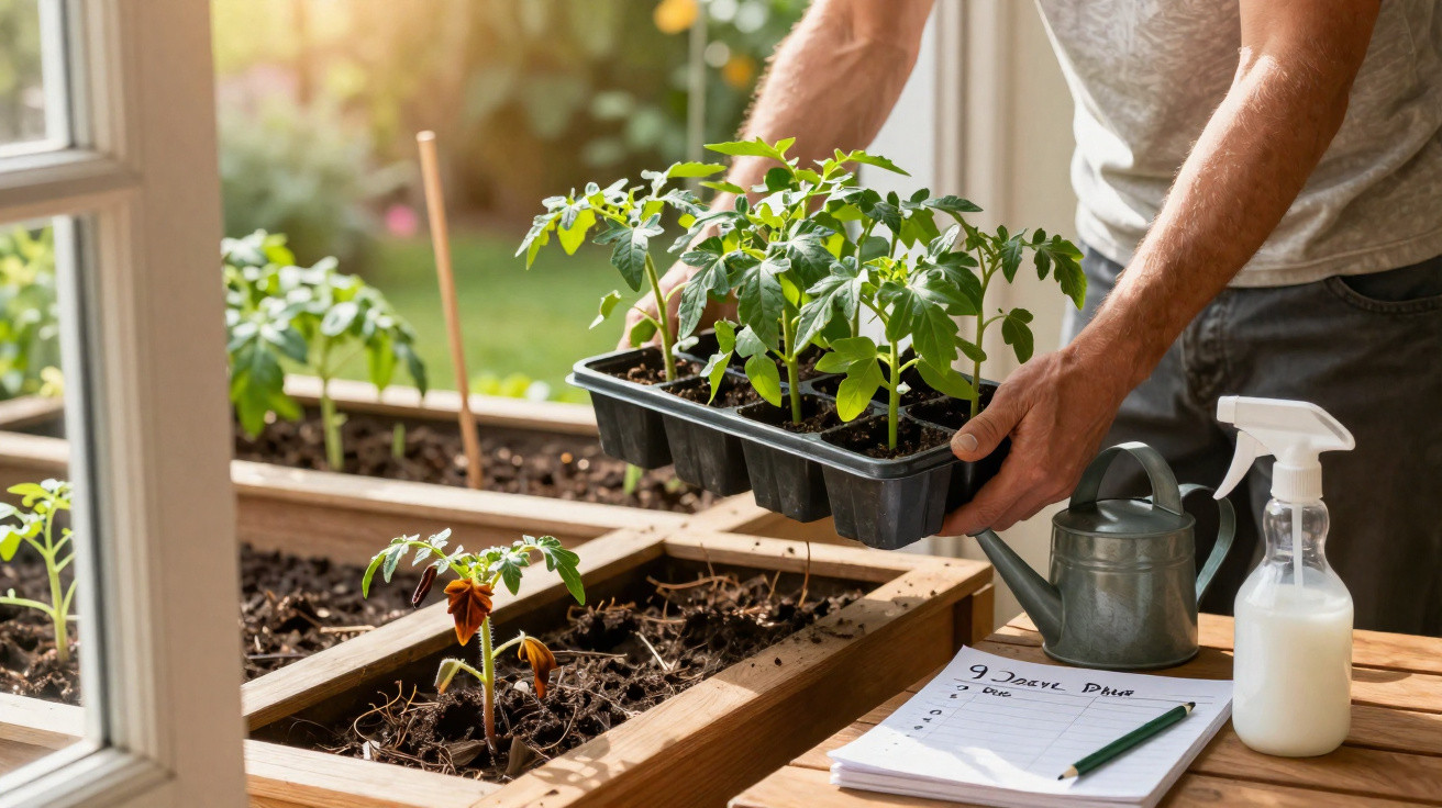 Pessoa a segurar bandeja com mudas verdes junto a regador, pulverizador e caderno num ambiente de jardinagem interior.