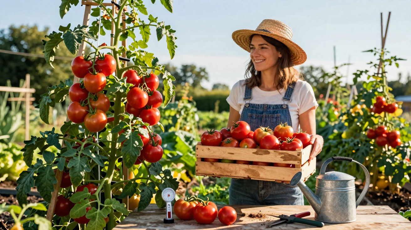 Mulher sorridente a colher tomates maduros num jardim, com regador e tesoura de poda numa mesa de madeira.