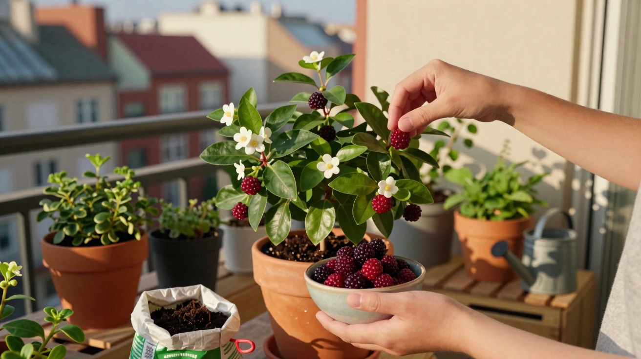 Pessoa a colher frutos vermelhos de uma planta em vaso num terraço ensolarado com plantas ao redor.