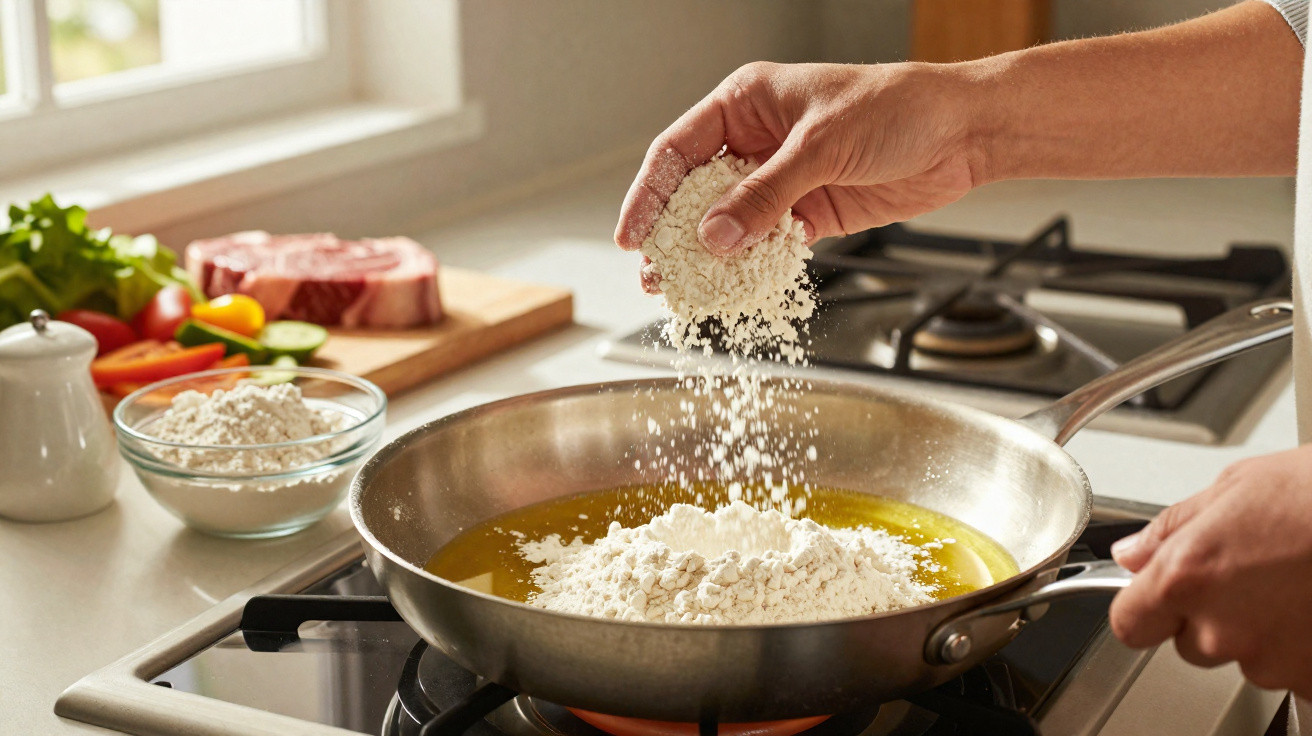 Mão a polvilhar farinha numa frigideira com óleo numa cozinha com legumes e carne ao fundo.