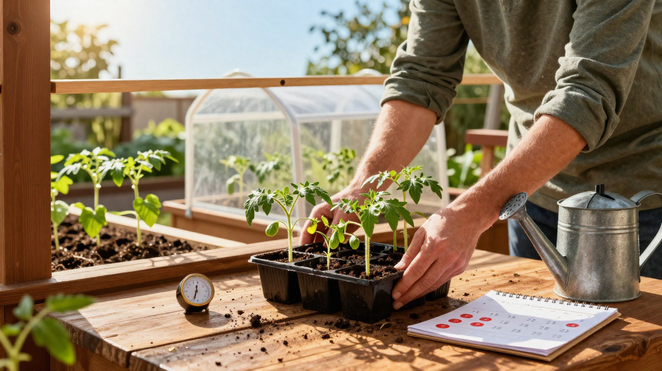 Pessoa a cuidar de plantas em estufa caseira com regador e caderno sobre mesa de madeira.