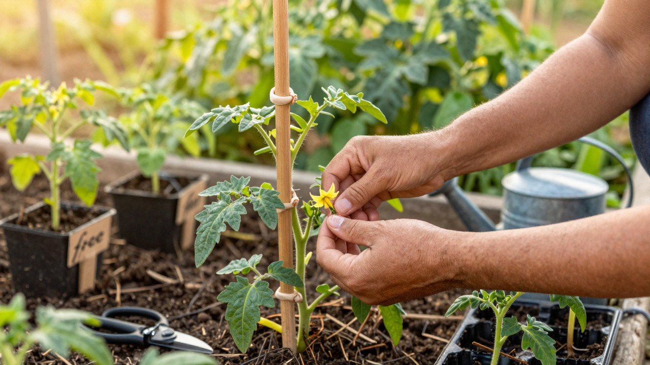Mãos a cuidar de planta de tomate com flores amarelas num jardim com terra e regador ao fundo.