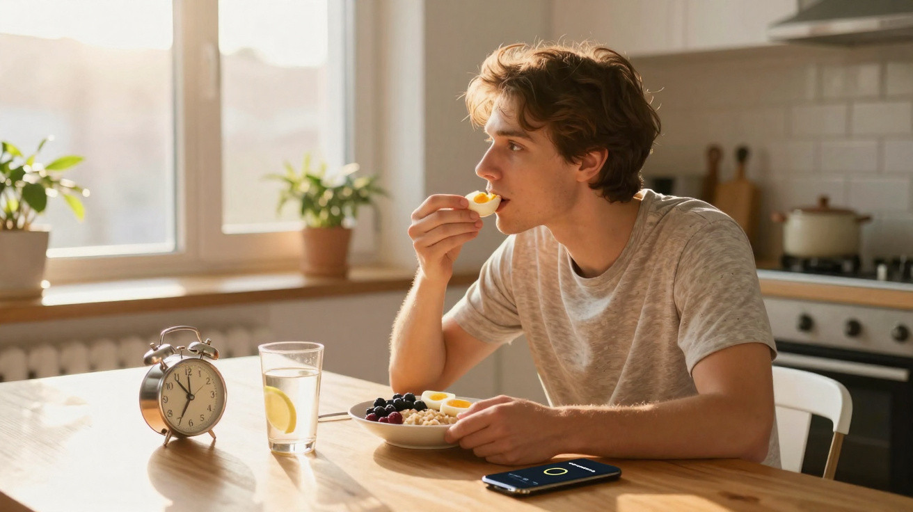 Jovem sentado à mesa a comer pequeno-almoço saudável, com copo de água, telefone e despertador à frente.
