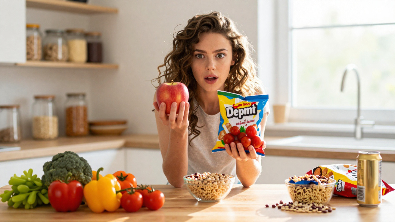 Mulher sorridente sentada à mesa com frutas, legumes, bolachas e legumes secos numa cozinha iluminada.