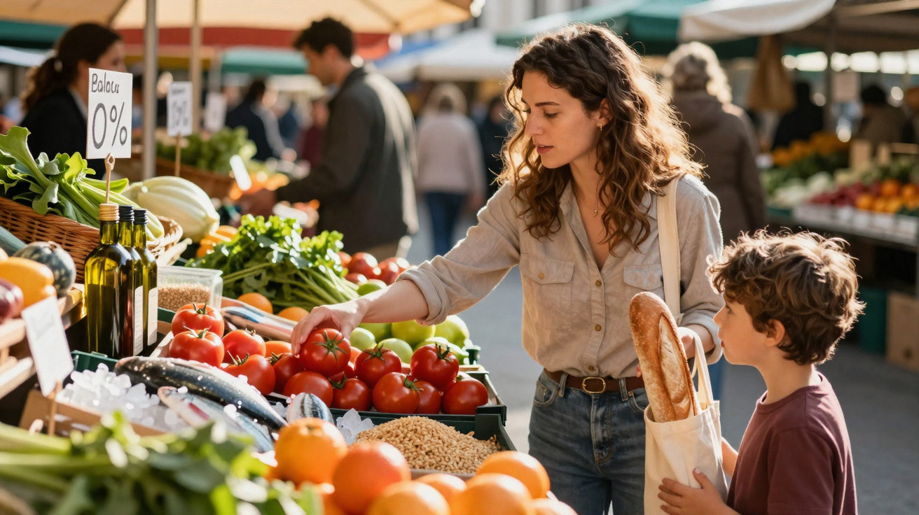Mulher a escolher tomates em mercado ao ar livre enquanto menino segura baguetes num saco.