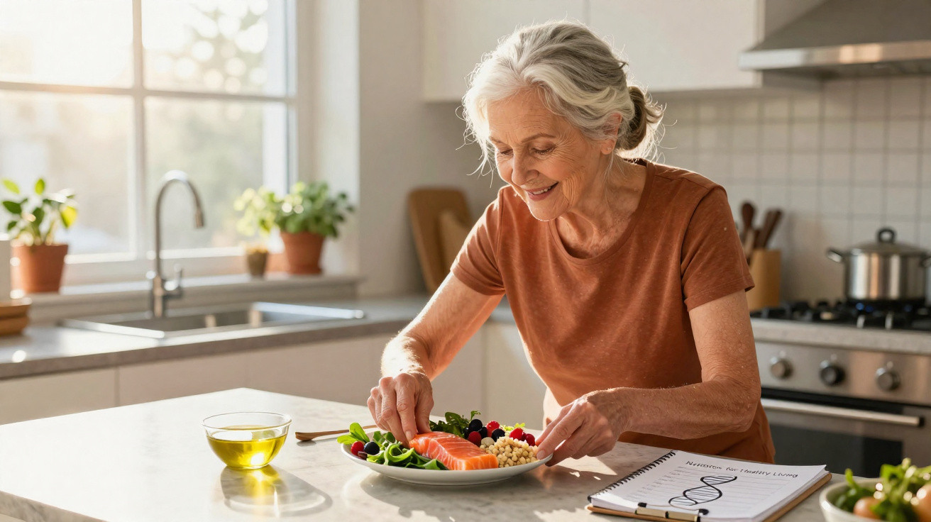 Mulher sénior sorridente prepara uma refeição saudável numa cozinha luminosa e moderna.
