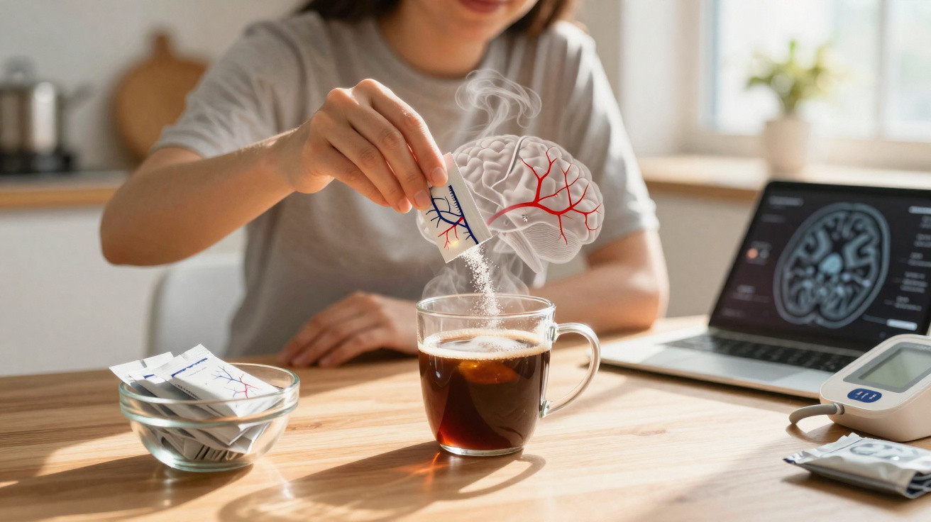 Pessoa a adicionar suplemento à chávena de café, com computador e monitor de pressão arterial numa mesa.