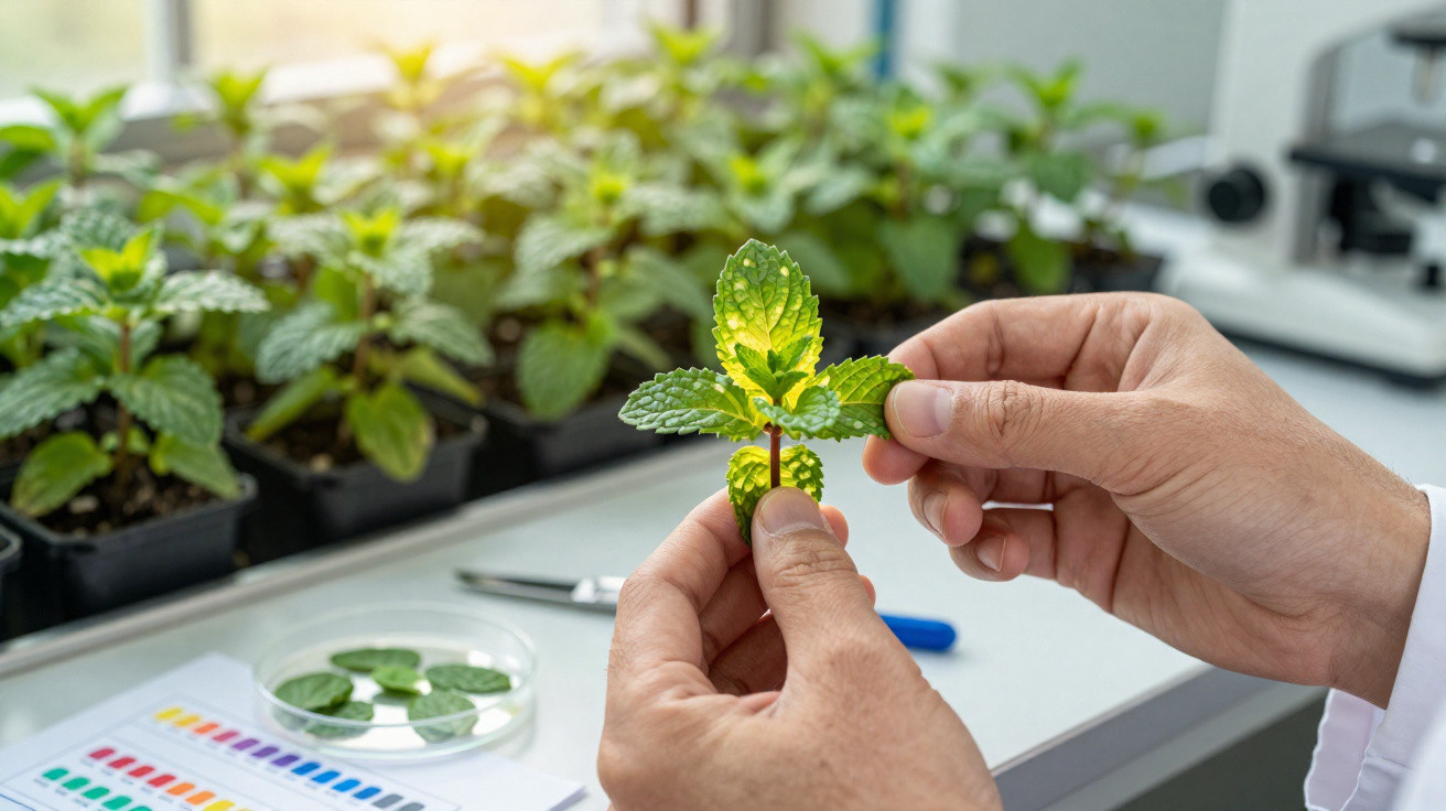 Mão segura folha de planta em laboratório com várias plantas em vasos e gráfico colorido ao fundo.