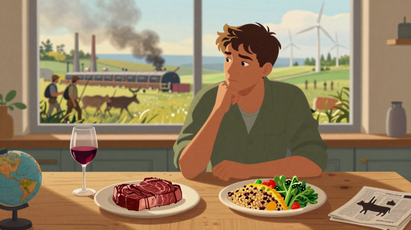 Homem sentado à mesa com comida, olhando pensativo pela janela para campo e fábrica poluente.