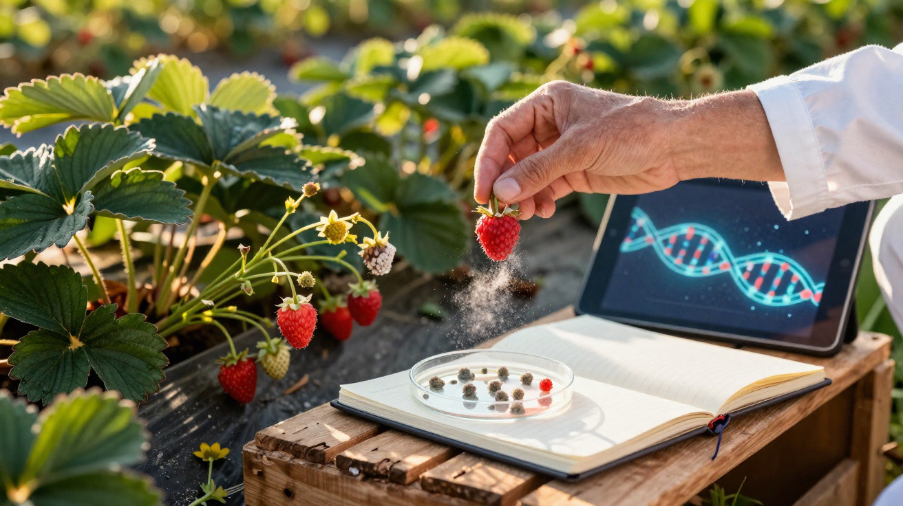 Mãos de cientista aplicam pó em morangos numa estufa, com caderno e tablet com imagem de ADN na mesa.