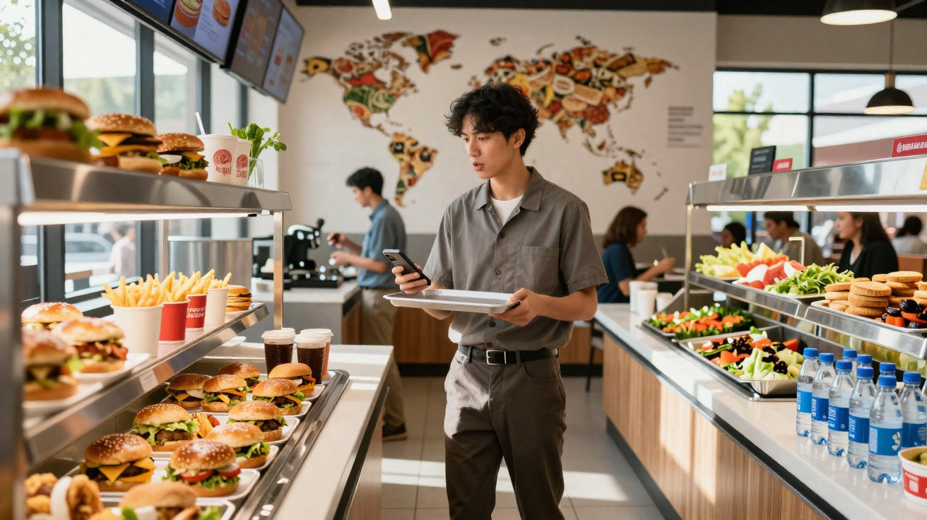 Jovem com bandeja e telemóvel num restaurante self-service com hambúrgueres, saladas e bebidas.