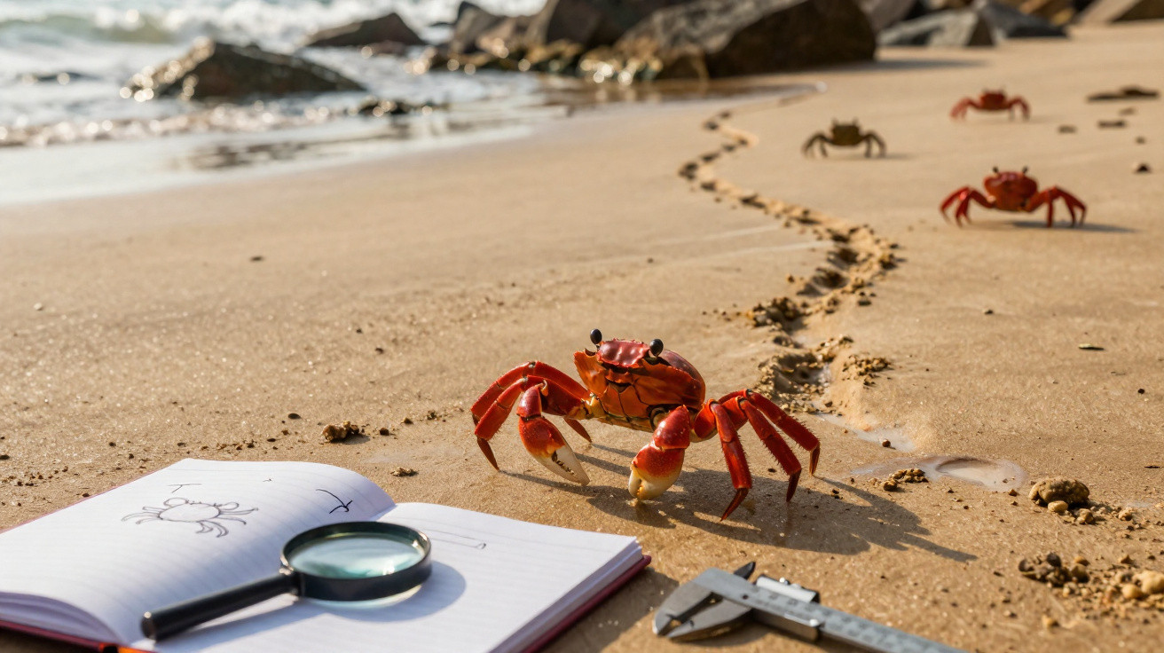 Caranguejo vermelho na areia da praia junto a caderno de desenhos de caranguejos e lupa.