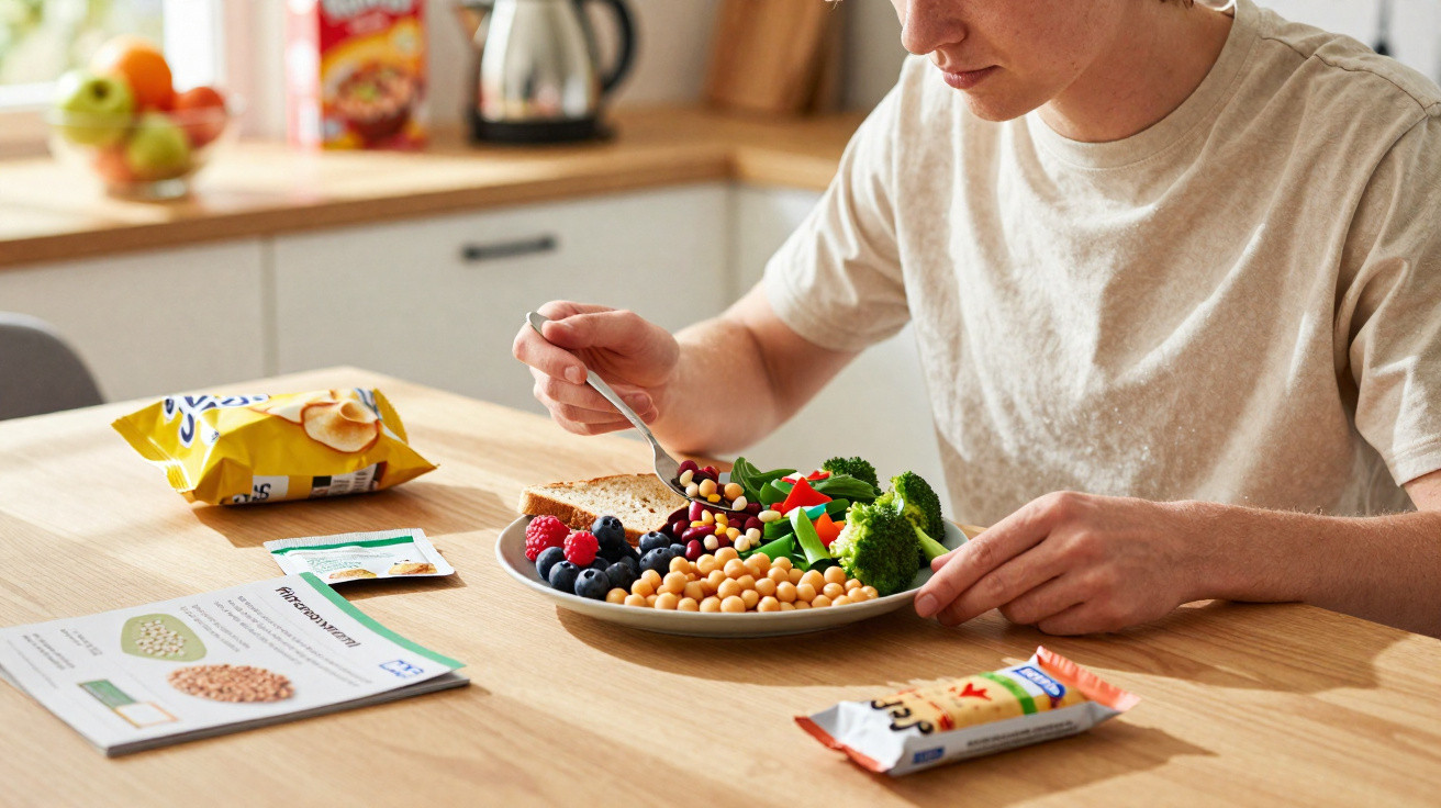 Pessoa a comer salada com frutos vermelhos, brócolos e grão-de-bico numa cozinha iluminada e moderna.