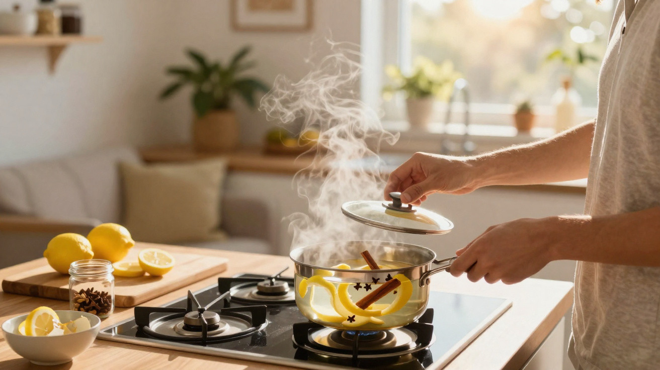 Pessoa a levantar tampa de panela com infusão de limão e especiarias a ferver no fogão.