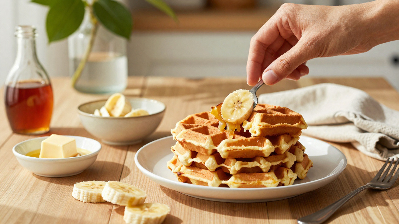 Mão a cortar uma pilha de waffles com manteiga derretida e xarope numa mesa com banana e mel.