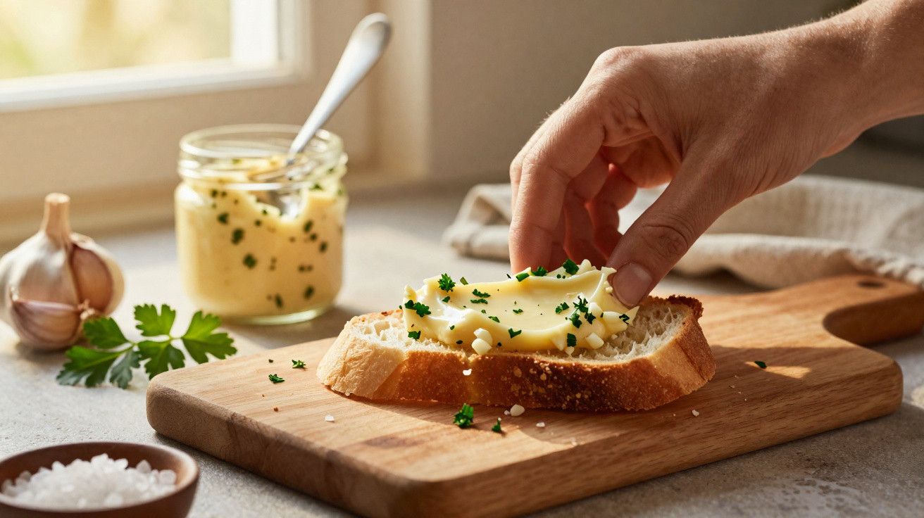 Torrada com maionese e ervas numa tábua de madeira, mão a pegar um pedaço num ambiente de cozinha natural.