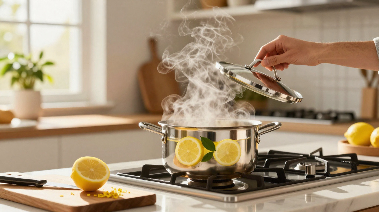 Panela a ferver no fogão com vapor a sair e limões cortados numa tábua na cozinha luminosa.