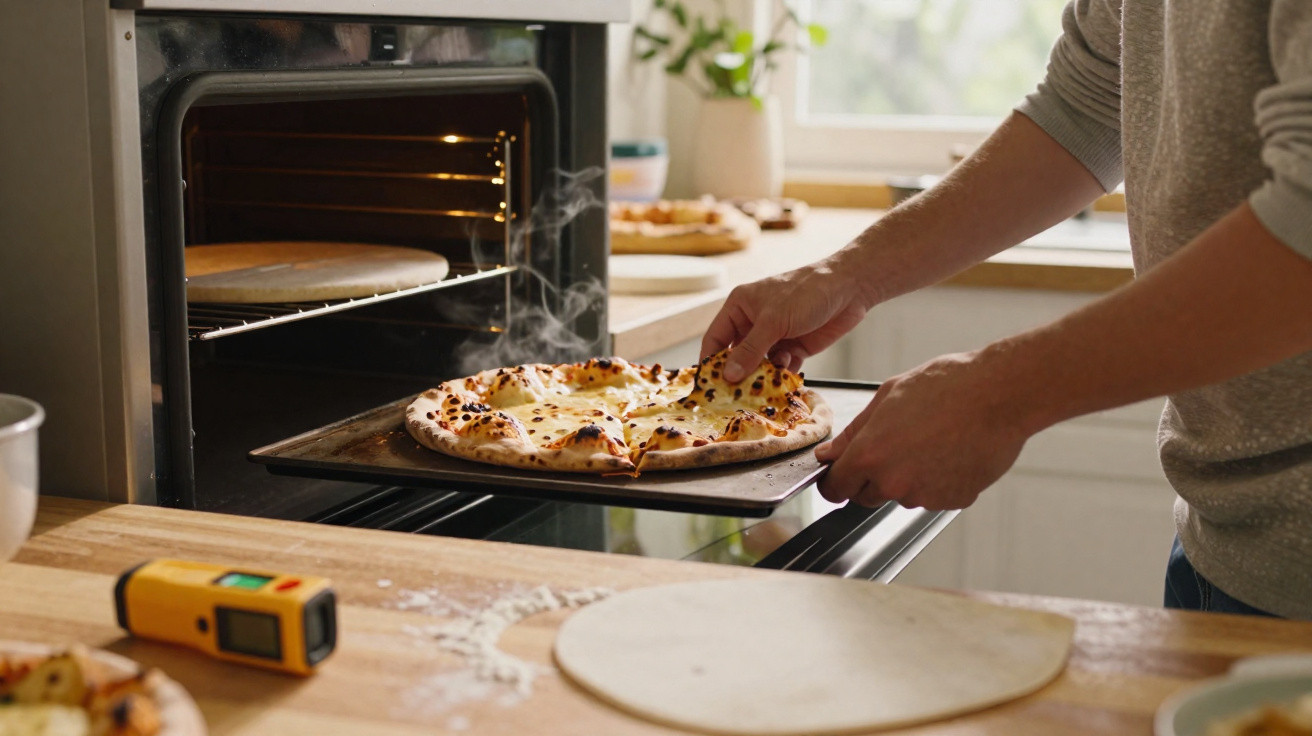 Pessoa a retirar pizza fumegante do forno numa cozinha com utensílios e massa na bancada.