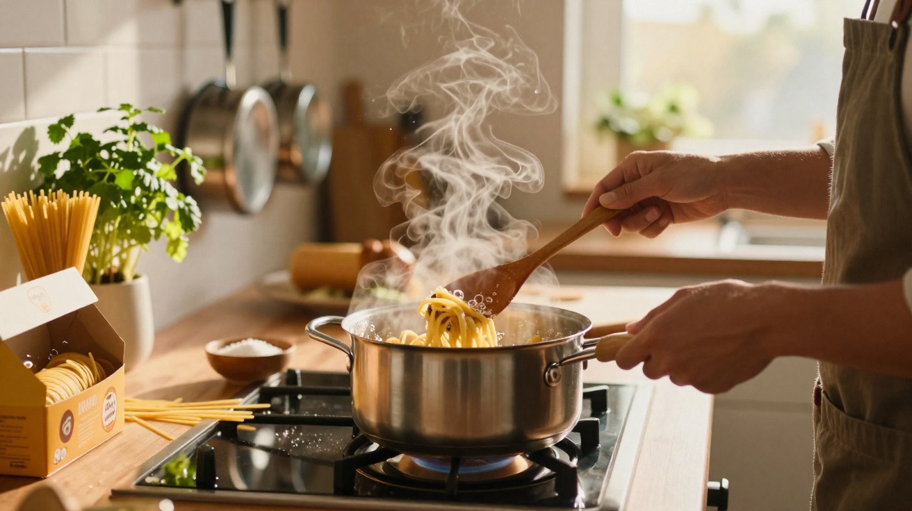 Pessoa a mexer esparguete numa panela com vapor sobre um fogão a gás numa cozinha iluminada.
