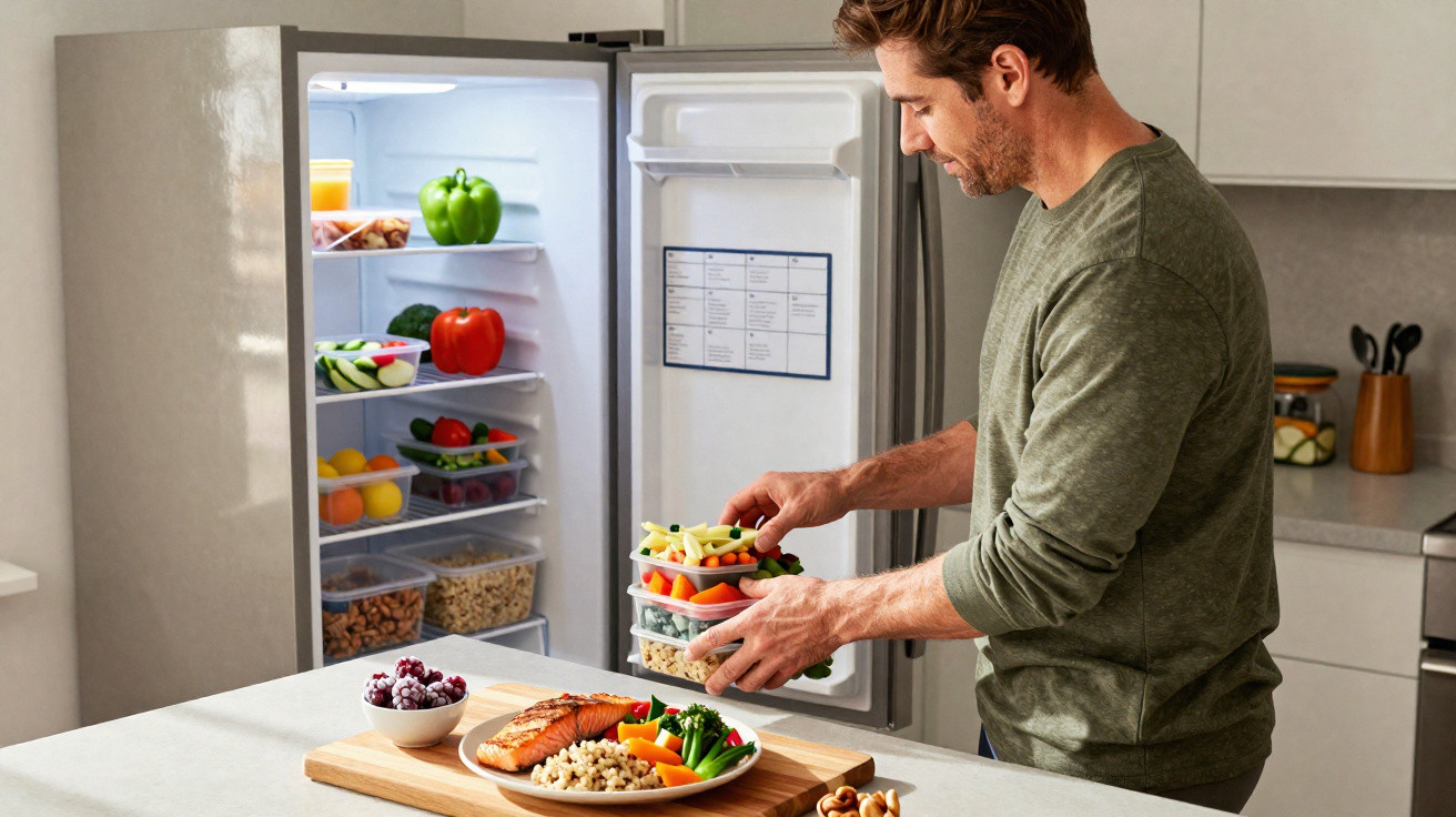 Homem a preparar refeição saudável com legumes e peixe ao lado de frigorífico aberto na cozinha moderna.