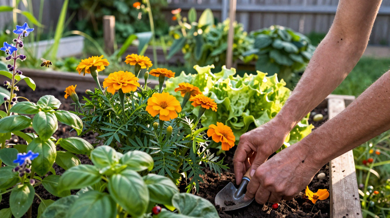 Mãos a plantar flores coloridas num canteiro de jardim com outras plantas verdes ao redor.