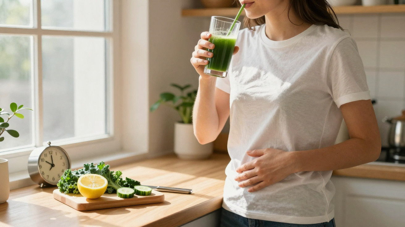 Mulher grávida a beber sumo verde num copo com palhinha numa cozinha iluminada.
