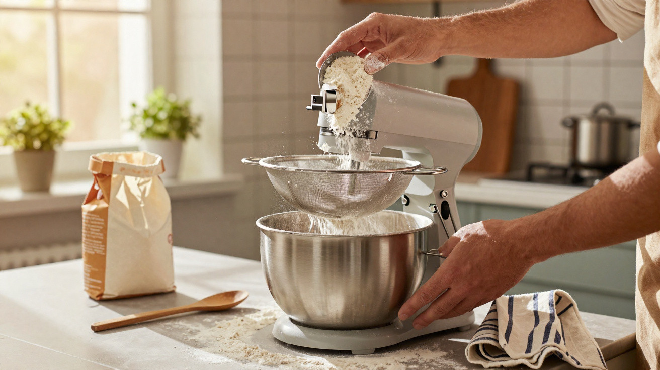 Pessoa a usar batedeira para peneirar farinha numa cozinha luminosa e organizada.