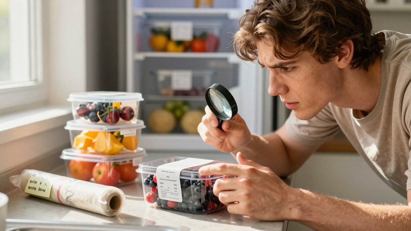Homem observa cuidadosamente etiqueta de embalagem de frutos vermelhos com lupa numa cozinha com frutas ao fundo.