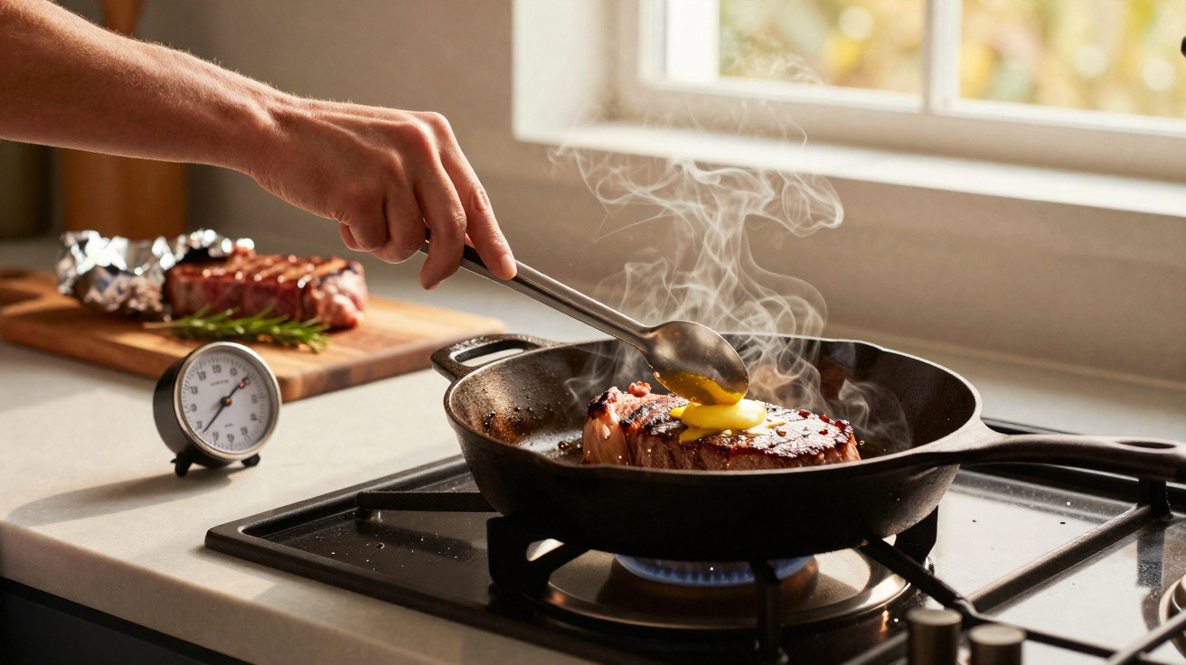 Mão a virar bife suculento numa frigideira, com manteiga a derreter e vapor no fogão a gás.
