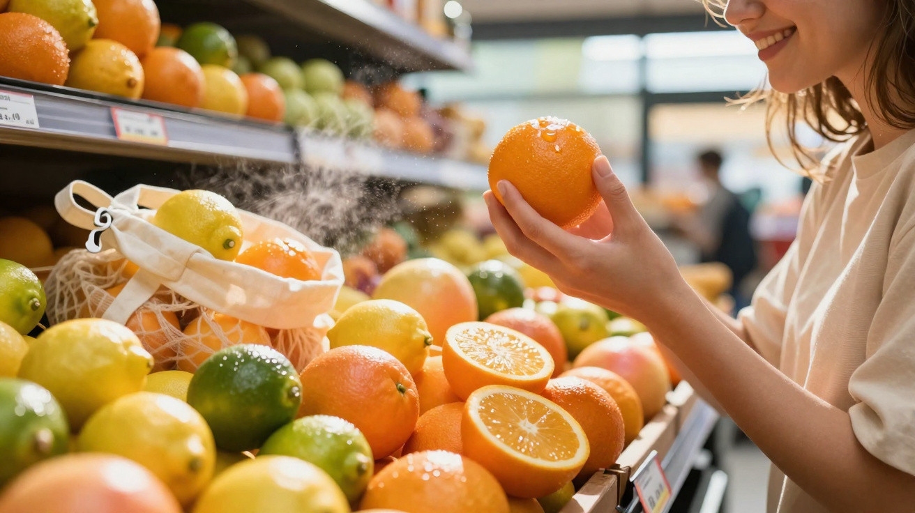 Mulher a escolher laranja fresca numa banca de frutas com limões, laranjas e limas num mercado.
