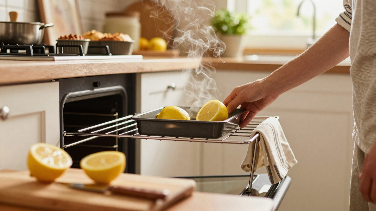 Pessoa a colocar limões num tabuleiro quente retirado do forno numa cozinha iluminada.