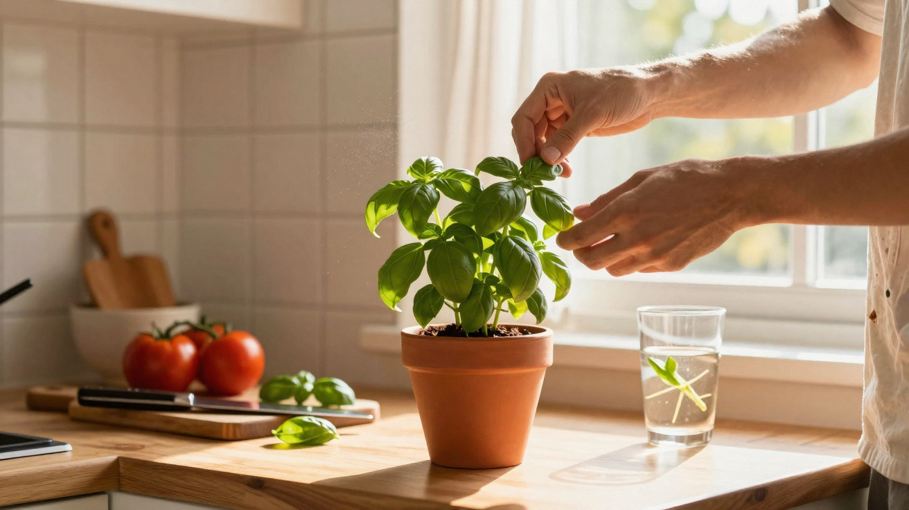 Mãos a colher folhas de manjericão de vaso na cozinha, com tomates e copo de água ao fundo.