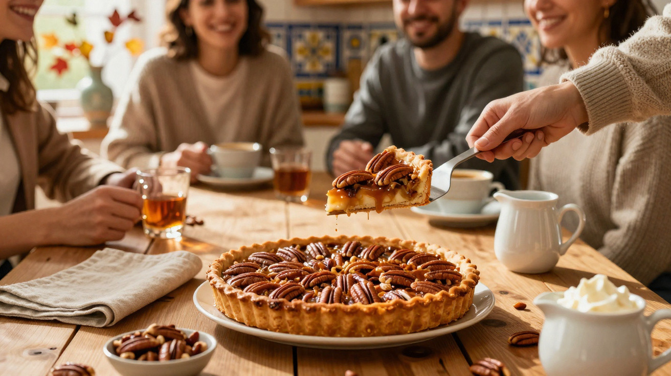Fatias de torta de noz-pecã servidas numa mesa de madeira com quatro pessoas ao fundo a sorrir e beber chá.