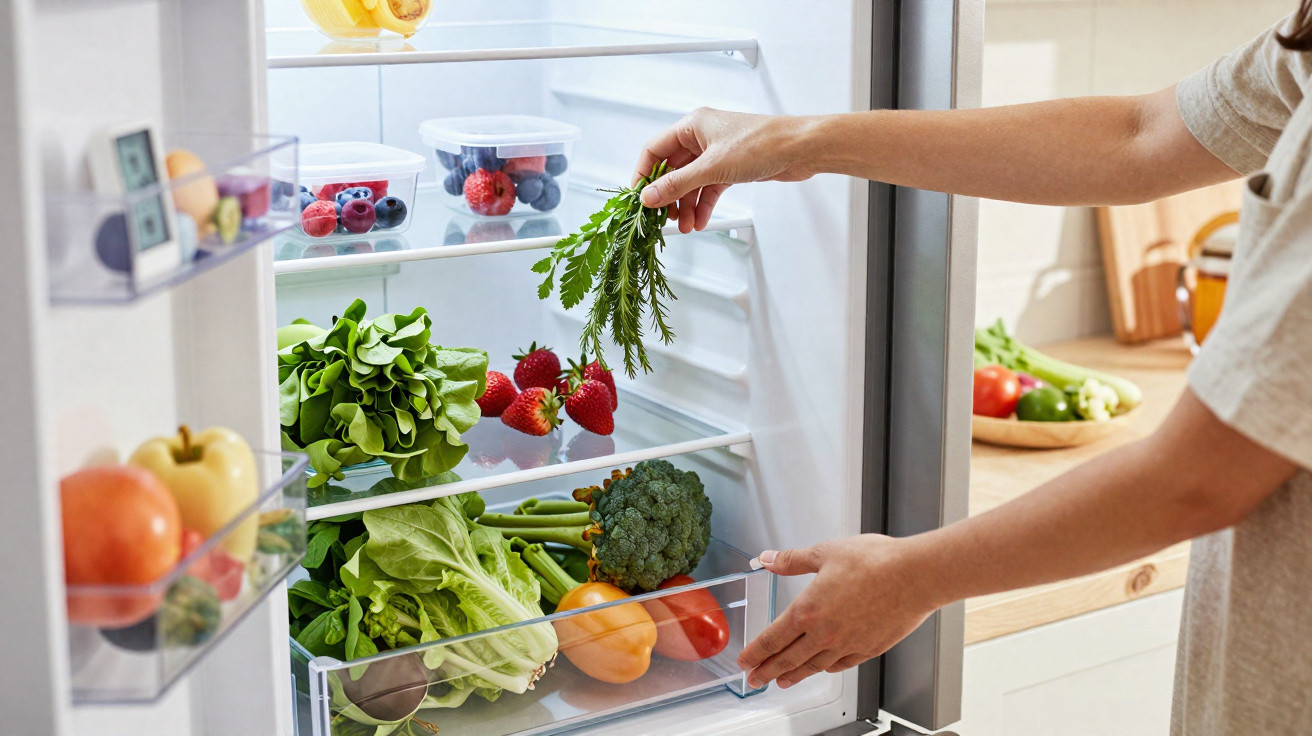 Mão a colocar ramo de salsa dentro de frigorífico organizado com frutas e legumes frescos.