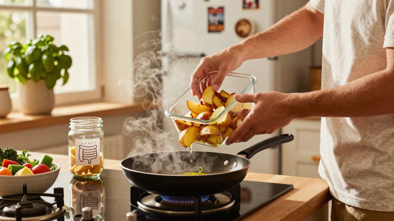 Pessoa a cozinhar batatas numa frigideira, ingrediente a ser colocado, cozinha iluminada e arrumada.