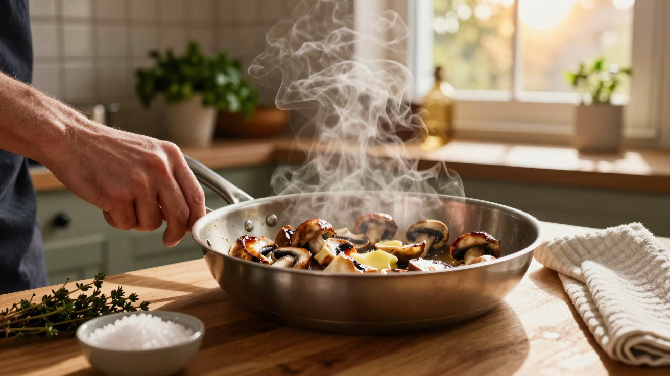 Mão a temperar cogumelos salteados numa frigideira com ervas e sal na cozinha iluminada.