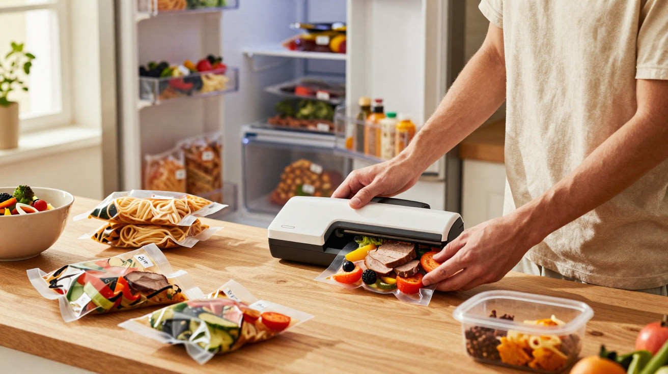 Pessoa a selar a vácuo legumes frescos em sacos plásticos numa cozinha doméstica moderna.