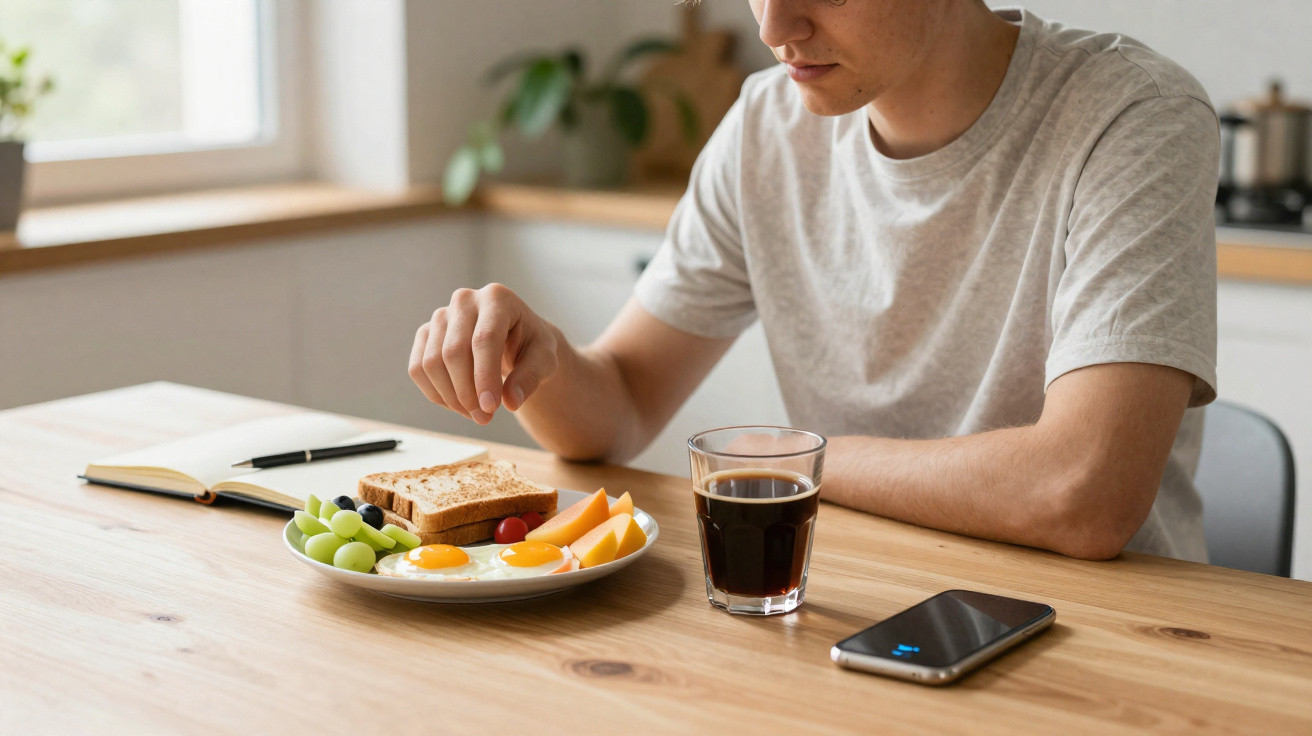 Pessoa sentada à mesa com pequeno-almoço composto por ovos, tostas, fruta e um copo de café.