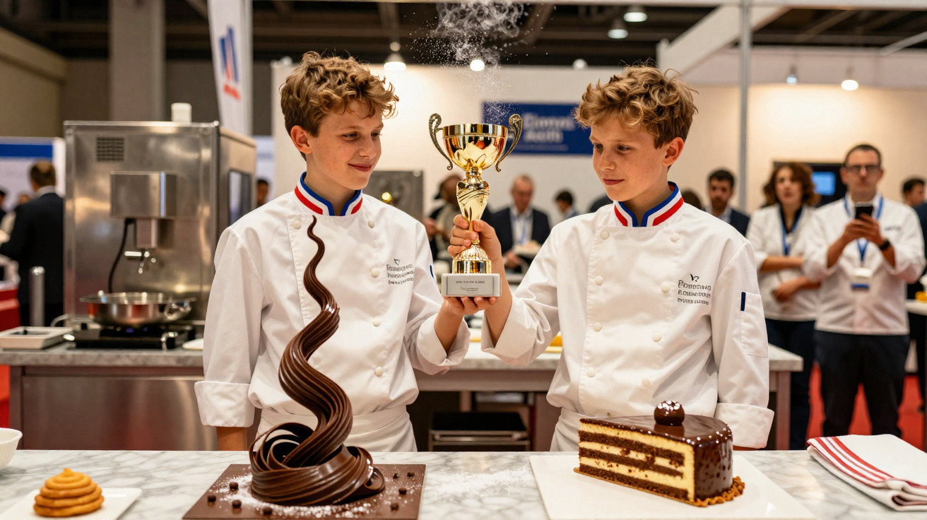 Dois jovens chefs em uniforme com troféu e sobremesas de chocolate numa competição culinária.