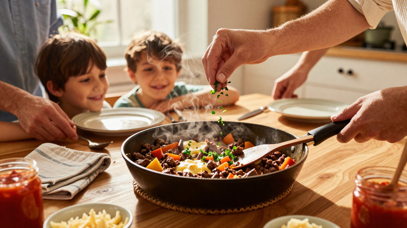 Pessoa a temperar prato quente com carne, legumes e ervas, enquanto duas crianças observam sorrindo na cozinha.