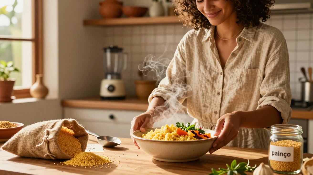 Mulher sorridente prepara uma refeição quente com vegetais numa cozinha luminosa e aconchegante.