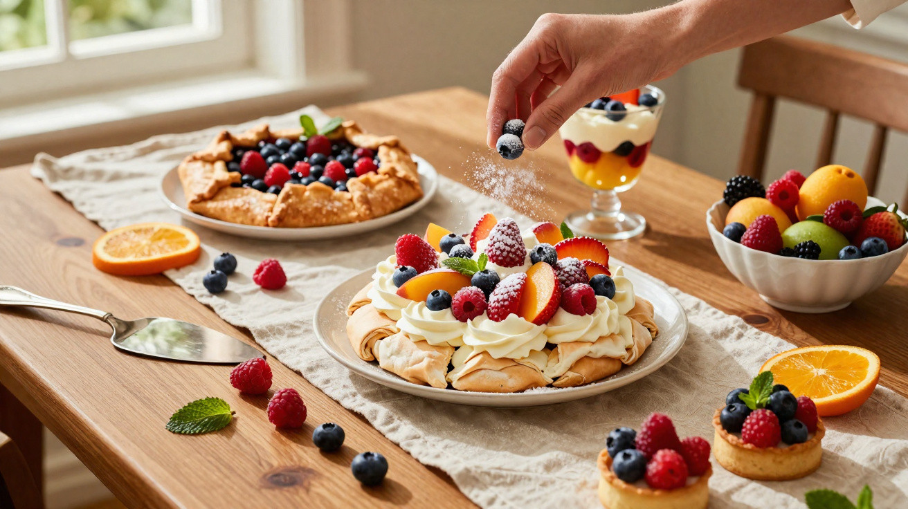 Mesa de madeira com sobremesas variadas de frutas frescas, creme e massa folhada, com mão a polvilhar açúcar.