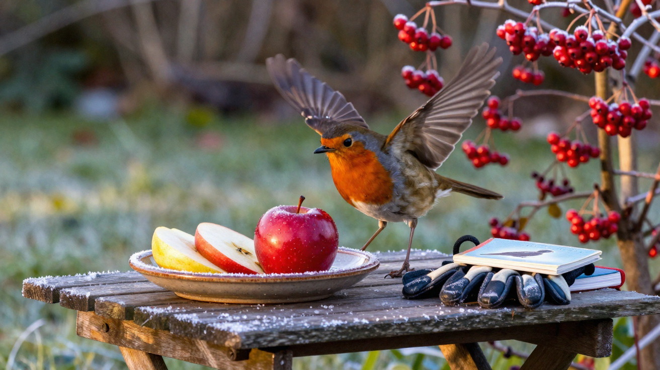 Pássaro com peito laranja a bater as asas numa mesa rústica com maçãs, luvas e livro ao ar livre.