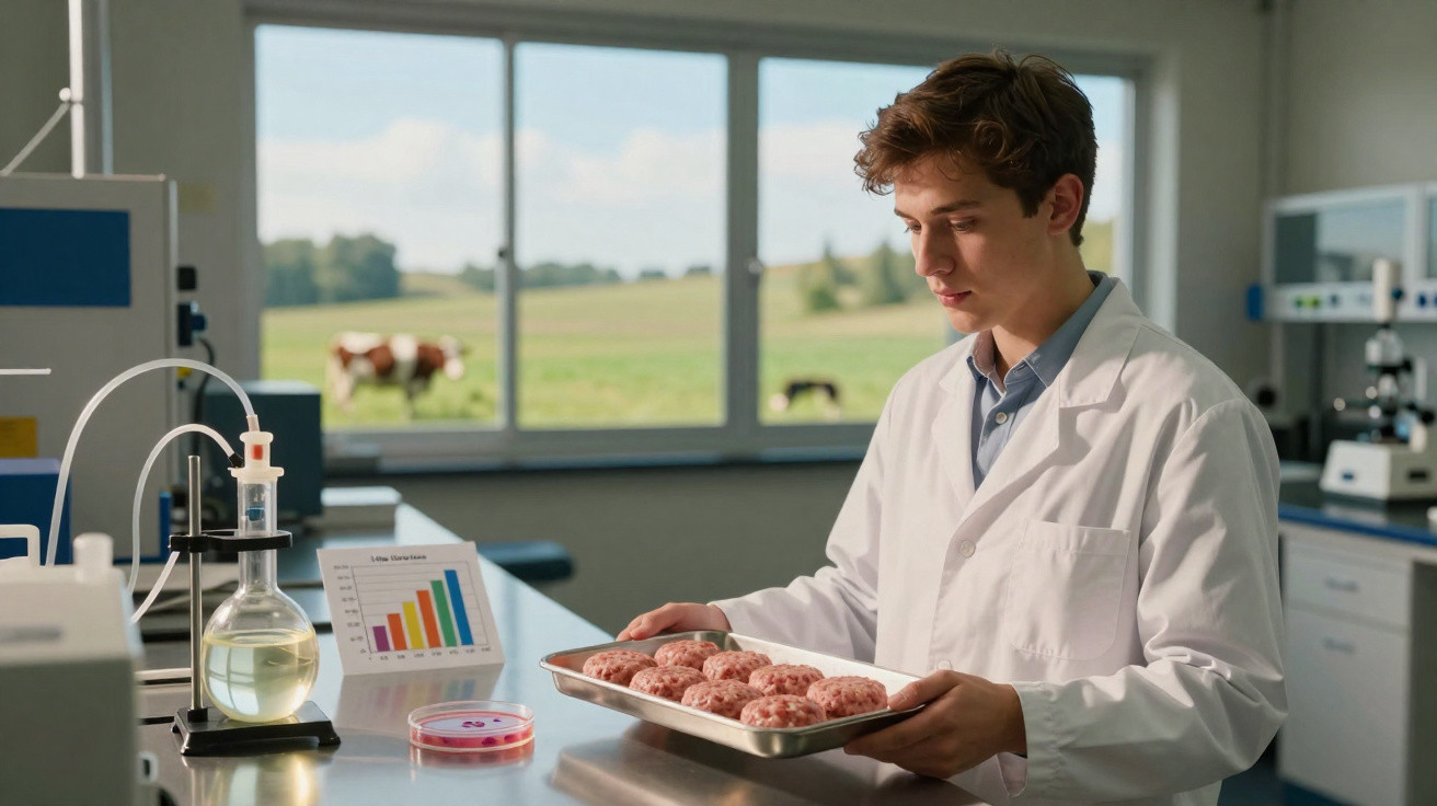 Jovem cientista em laboratório segurando tabuleiro com hambúrgueres vegetais, janela mostra vacas no campo.